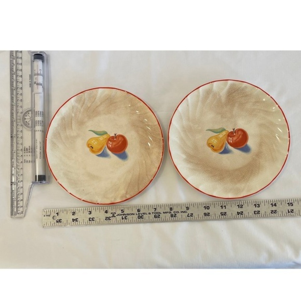 Bakerite Oven-Tested Fruit Dinner Plates Set of 2 Red Rim Apple Pear 9" - Picture 5 of 5